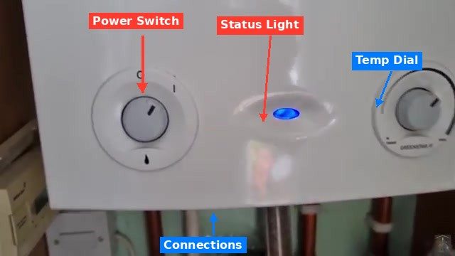 Boiler front panel showing power switch blue status light and temperature control dial