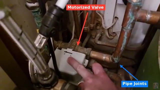 Motorized valve and pipe joints in a boiler system